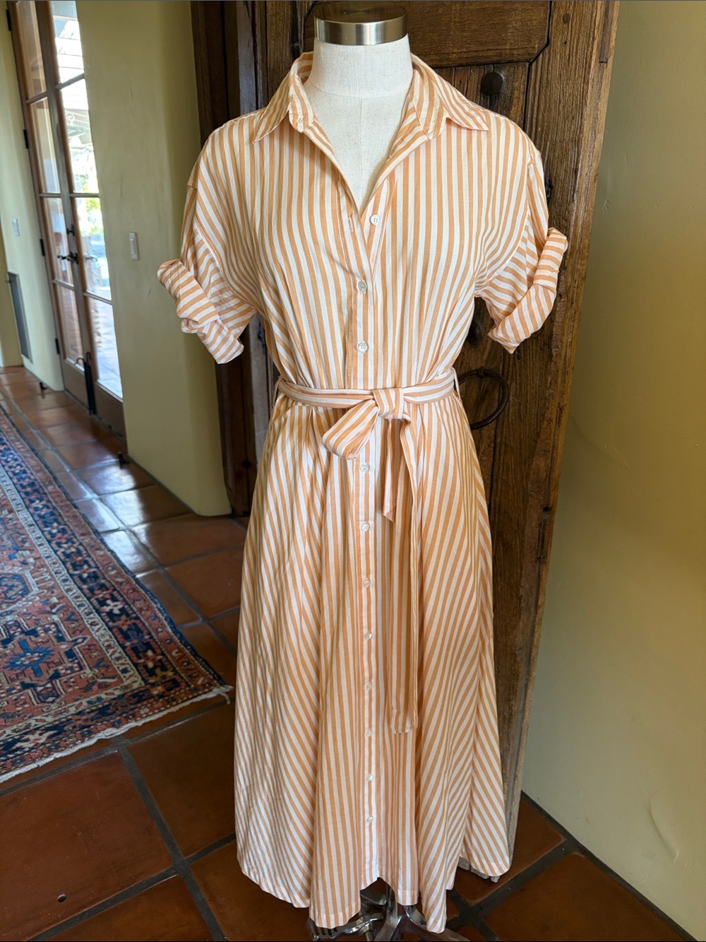 Striped Button-Front Shirt Dress in straw/white